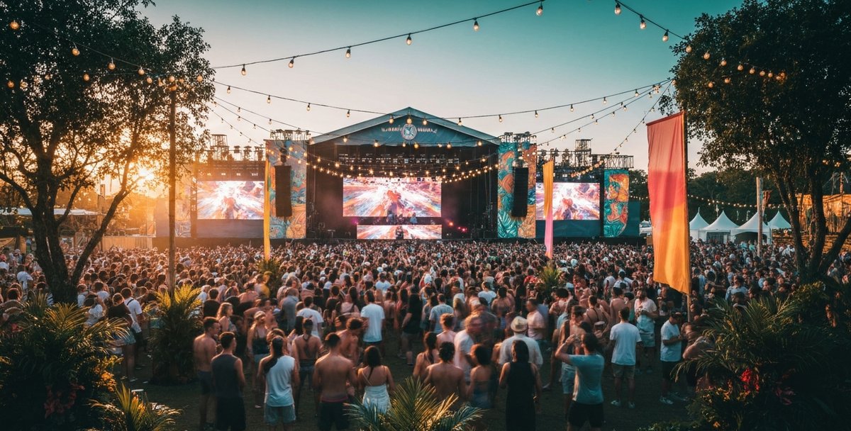 Outdoor music festival crowd in a tropical setting