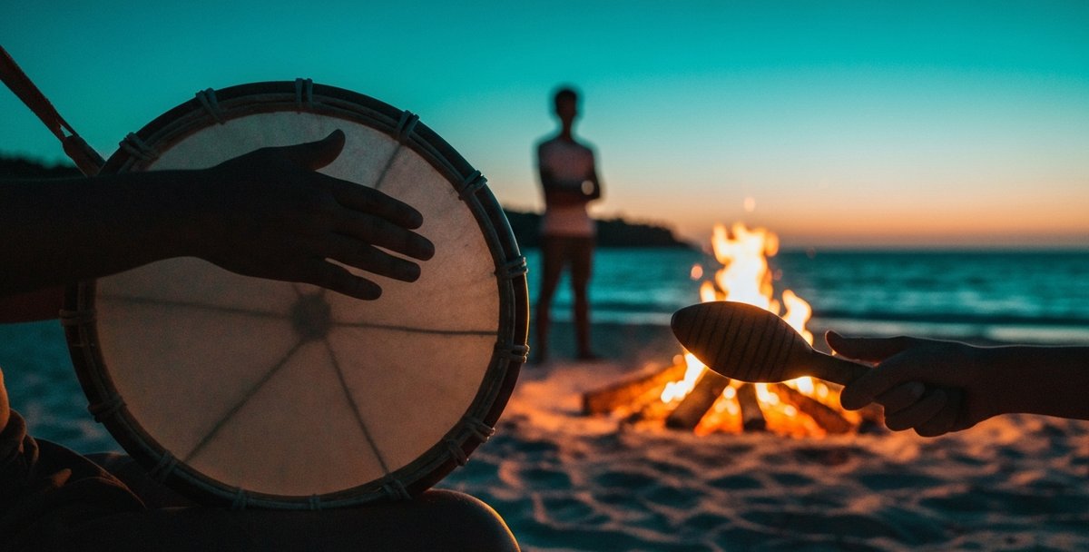 Musicians performing sega music on a beach in Mauritius