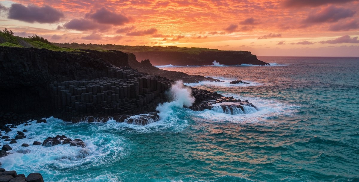 Dramatic Mauritius coastline with basalt cliffs and turquoise sea