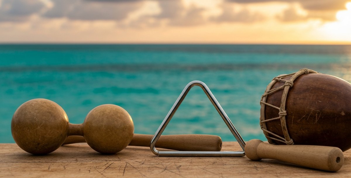 Island music instruments: guitar, maracas, triangle and ravanne drum
