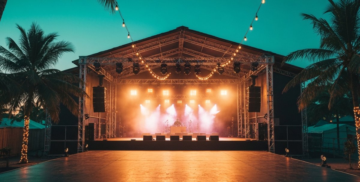 Open-air island concert stage lit with warm lights at dusk