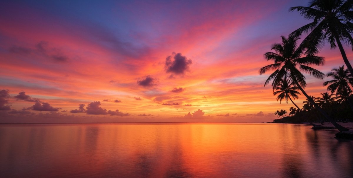 Palm tree silhouettes against a Mauritius ocean sunset