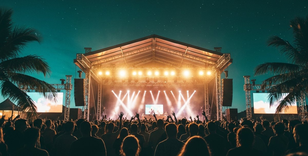 An open-air concert stage lit at night in Mauritius with a crowd silhouetted in front of it