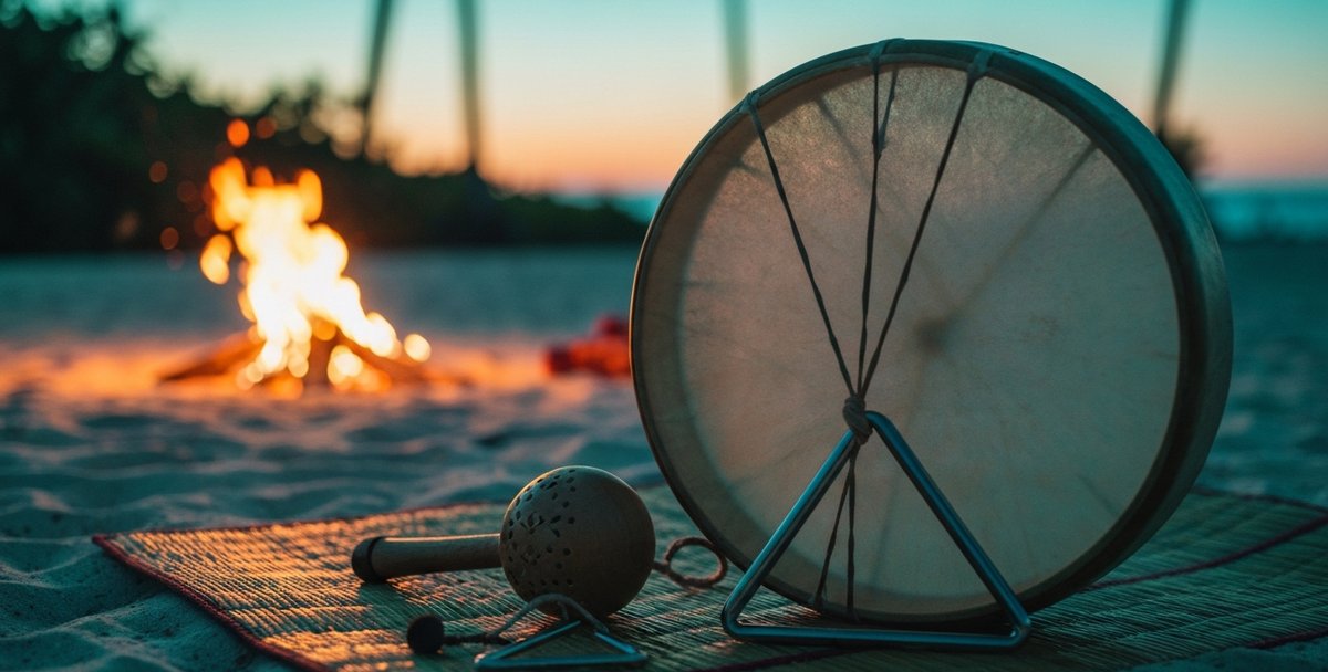 A musician playing the ravanne frame drum during a traditional sega performance in Mauritius