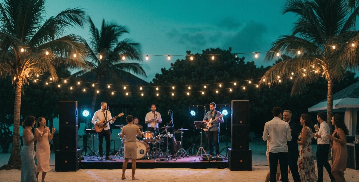 Live sega band with dancers performing at a wedding reception on a Mauritius beach