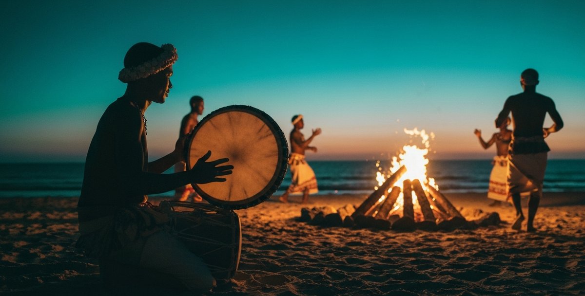 Traditional sega tipik musicians in Mauritius playing the ravanne drum, maravanne shaker and triangle