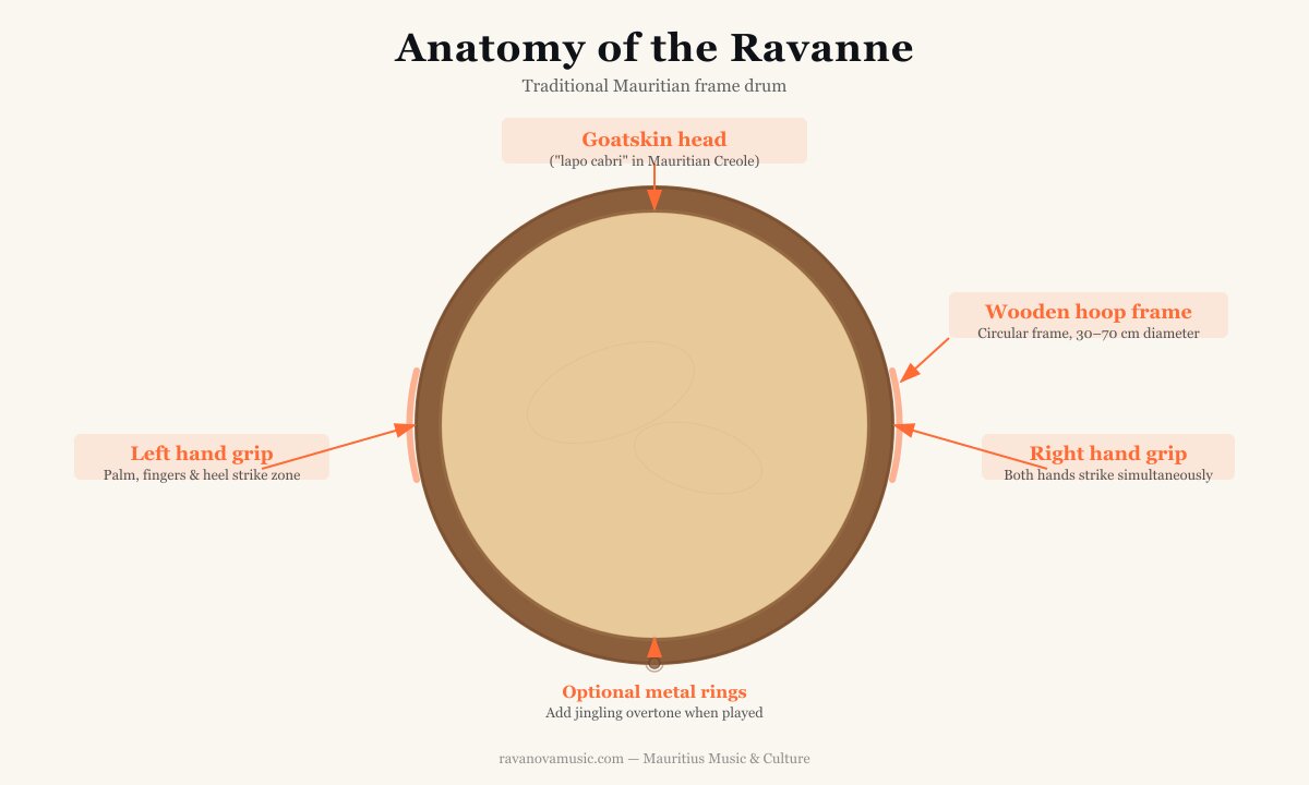 Anatomy of the ravanne drum: goatskin head, wooden hoop, metal rings, and playing zones