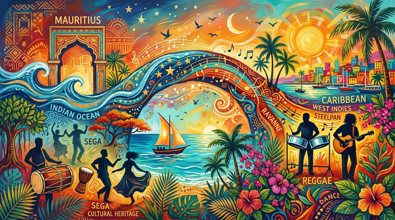 A vibrant, artistic abstract illustration depicting the cultural bridge between the Indian Ocean and the Caribbean with a ravanne drum and a steelpan