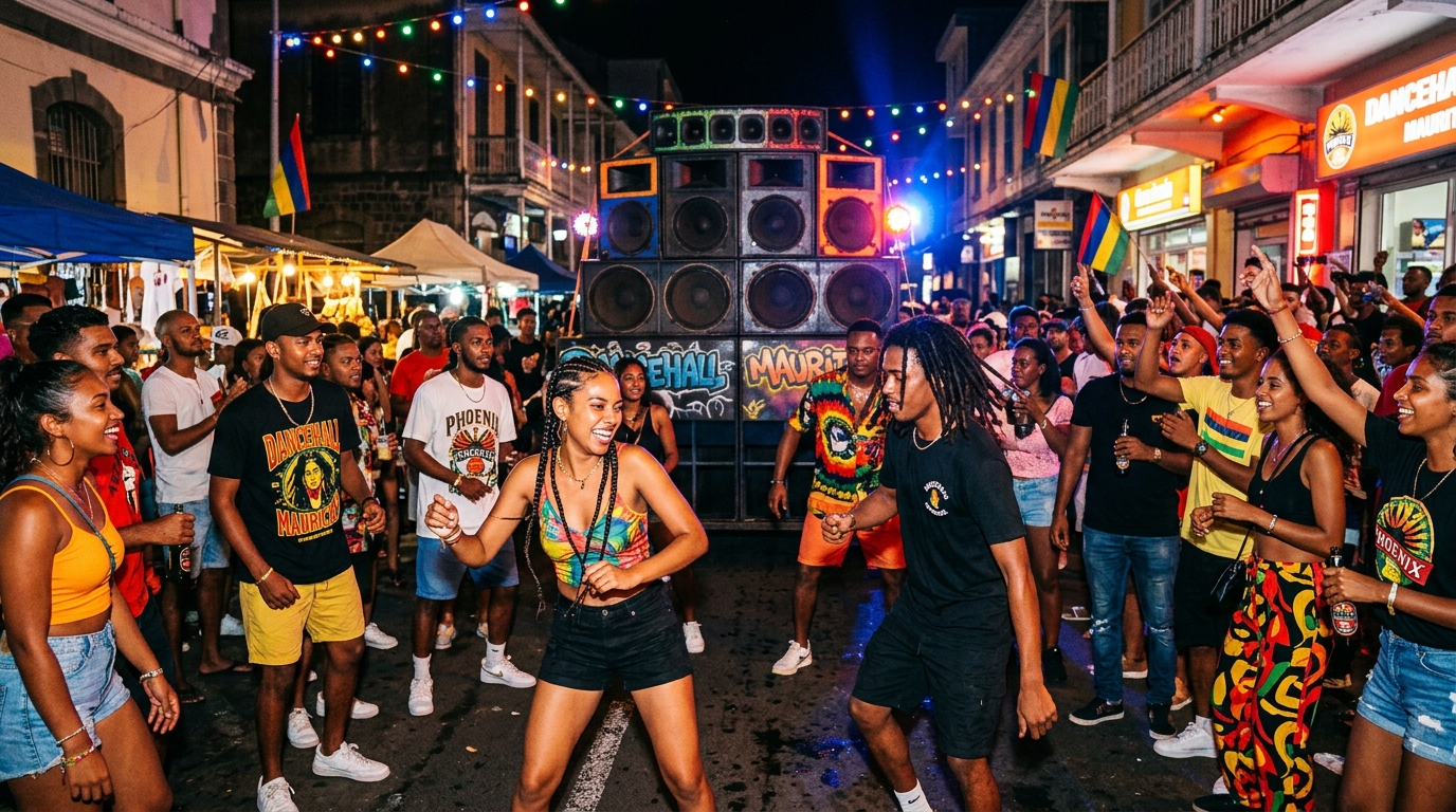 A vibrant, energetic modern Mauritian street party at night, capturing the vibe of Dancehall Mauricien