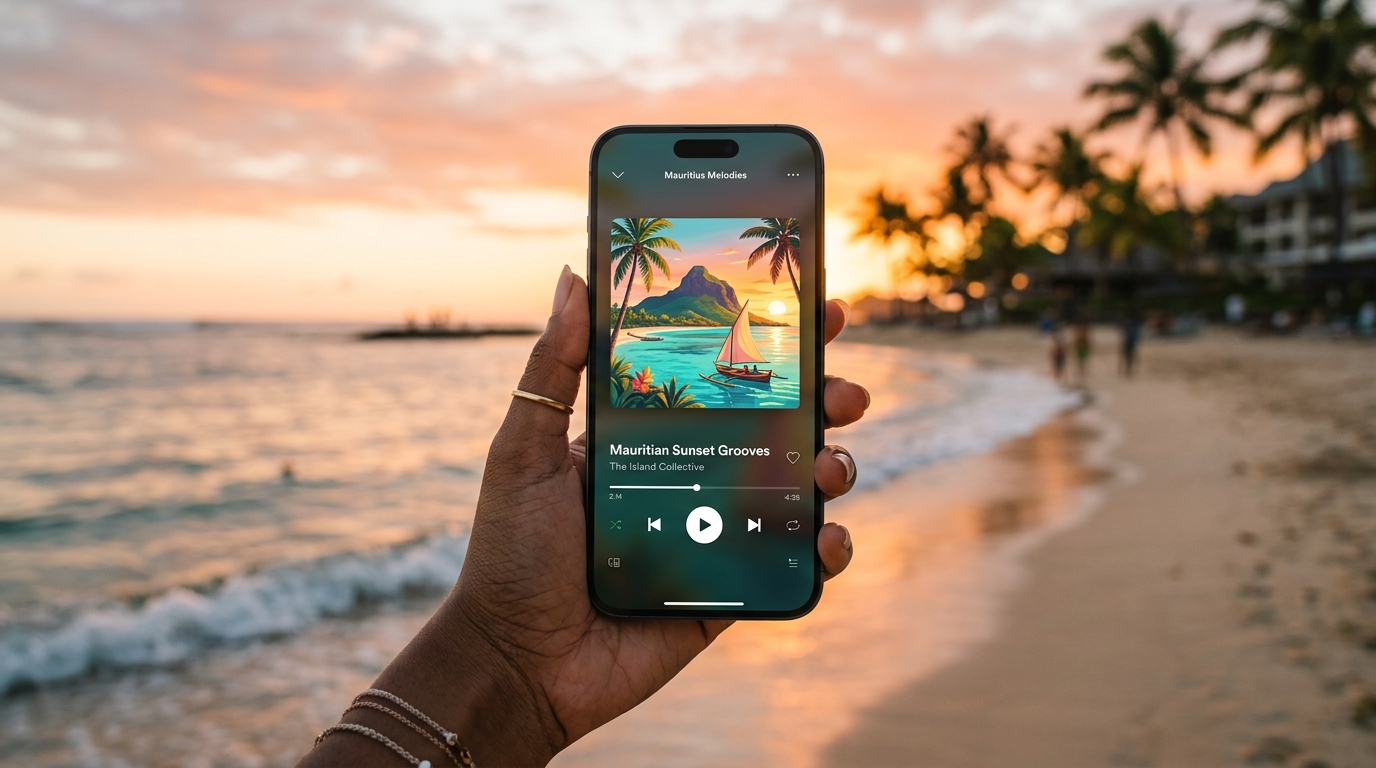 A person holding a sleek modern smartphone displaying a beautiful music streaming app interface with tropical Mauritian album art on a beach at sunset