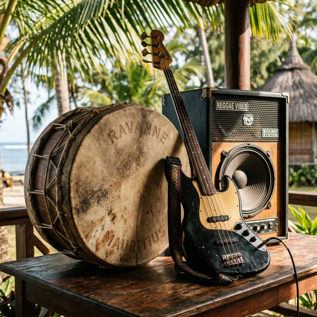 A traditional Mauritian ravanne drum resting next to an electric bass guitar and a vintage reggae sound system