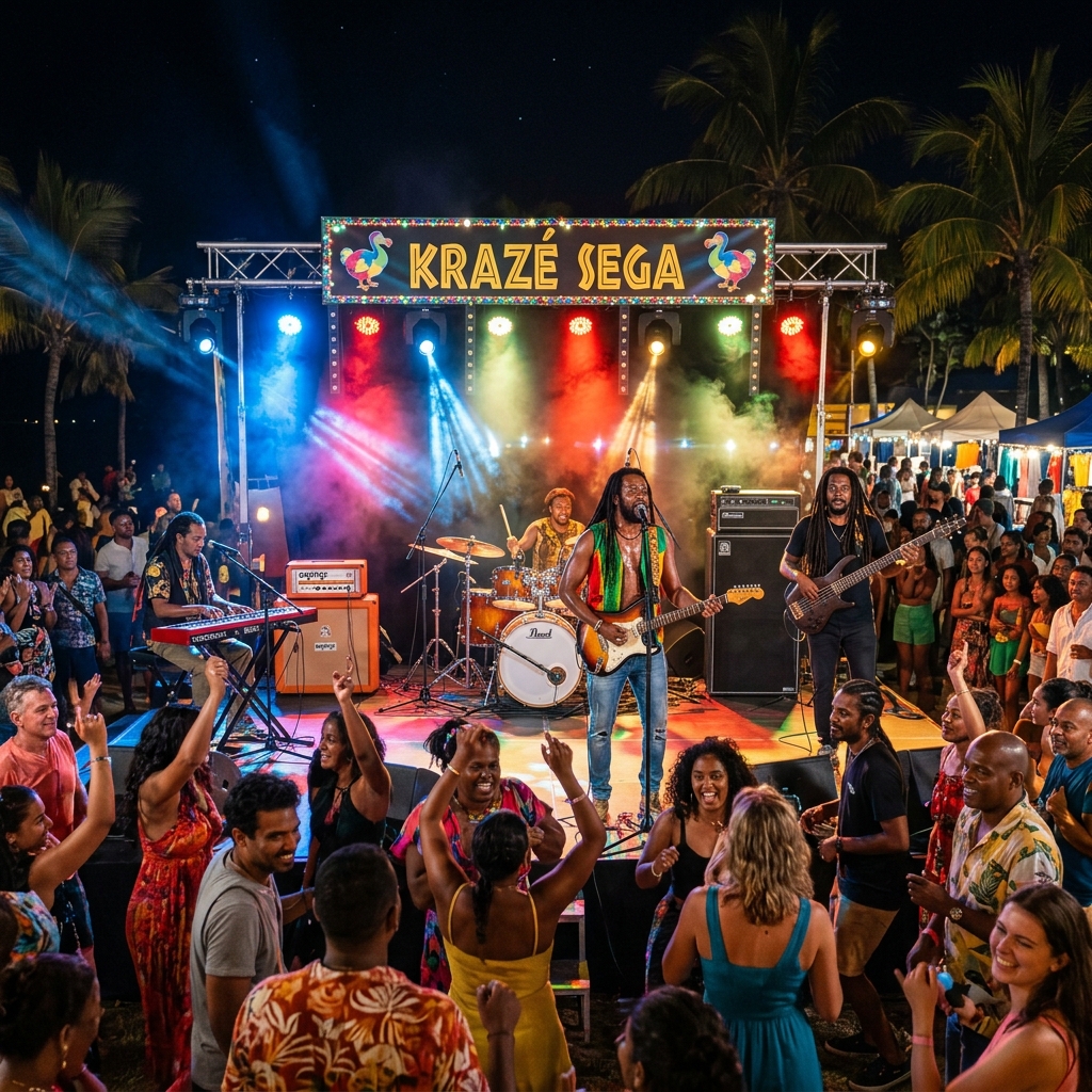 A lively modern seggae concert in Mauritius with stage lights and a dancing crowd