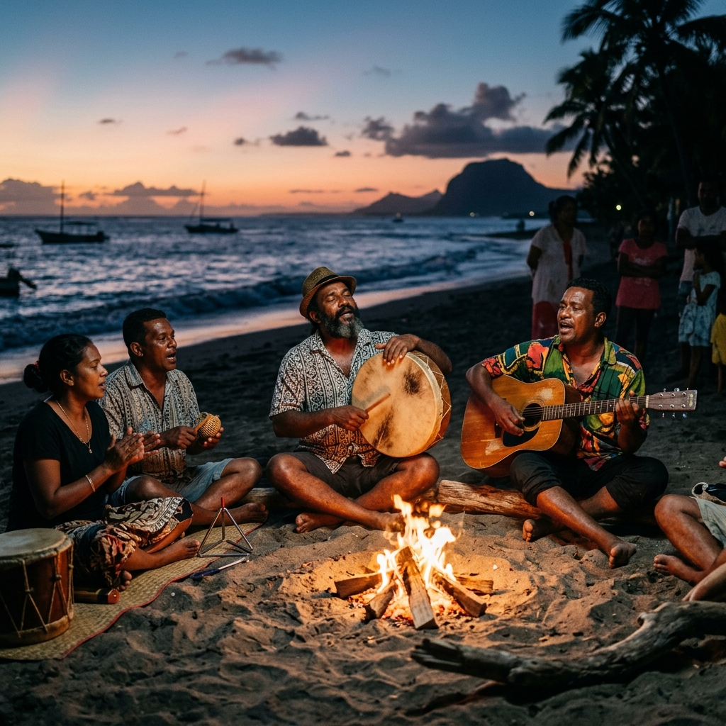 Local musicians on a Mauritian beach playing the ravanne and acoustic guitar by a campfire