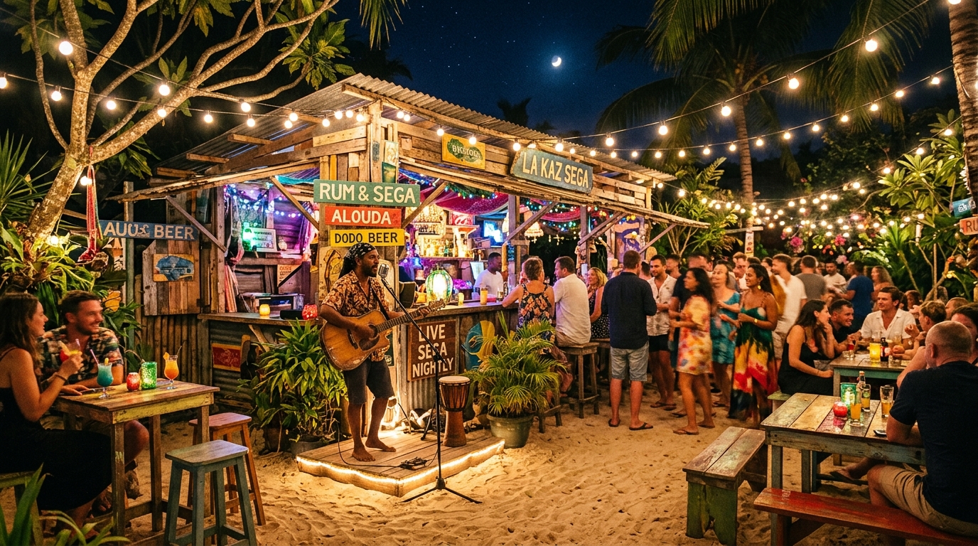 A vibrant, rustic bohemian outdoor shack bar in Mauritius with a sandy garden area and an acoustic sega musician
