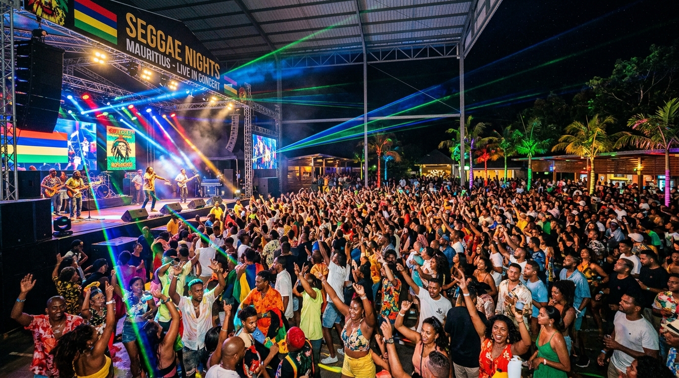 A massive indoor-outdoor nightclub in Mauritius at night with a huge crowd dancing to a major Seggae concert
