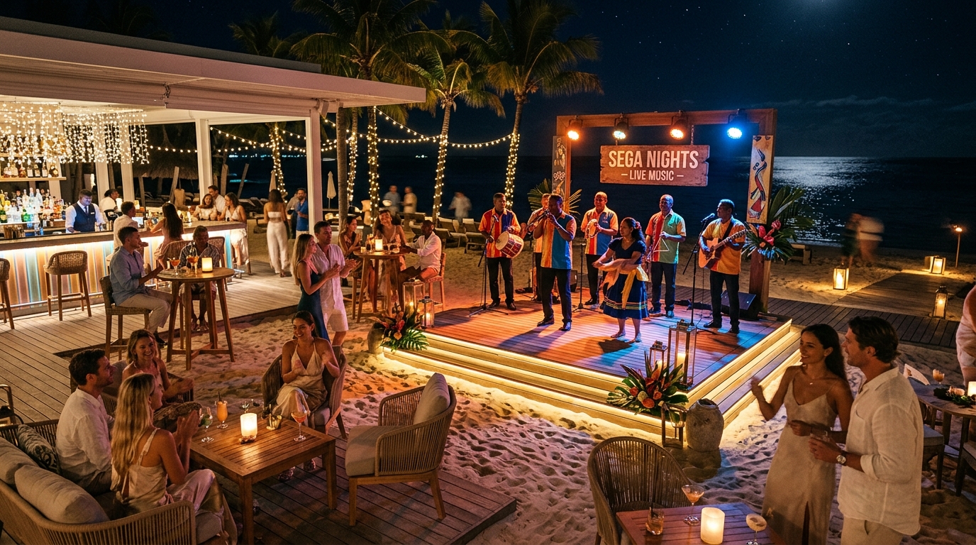 An upscale bistronomic beachfront lounge bar at night in Mauritius with a live music band playing on a sleek stage