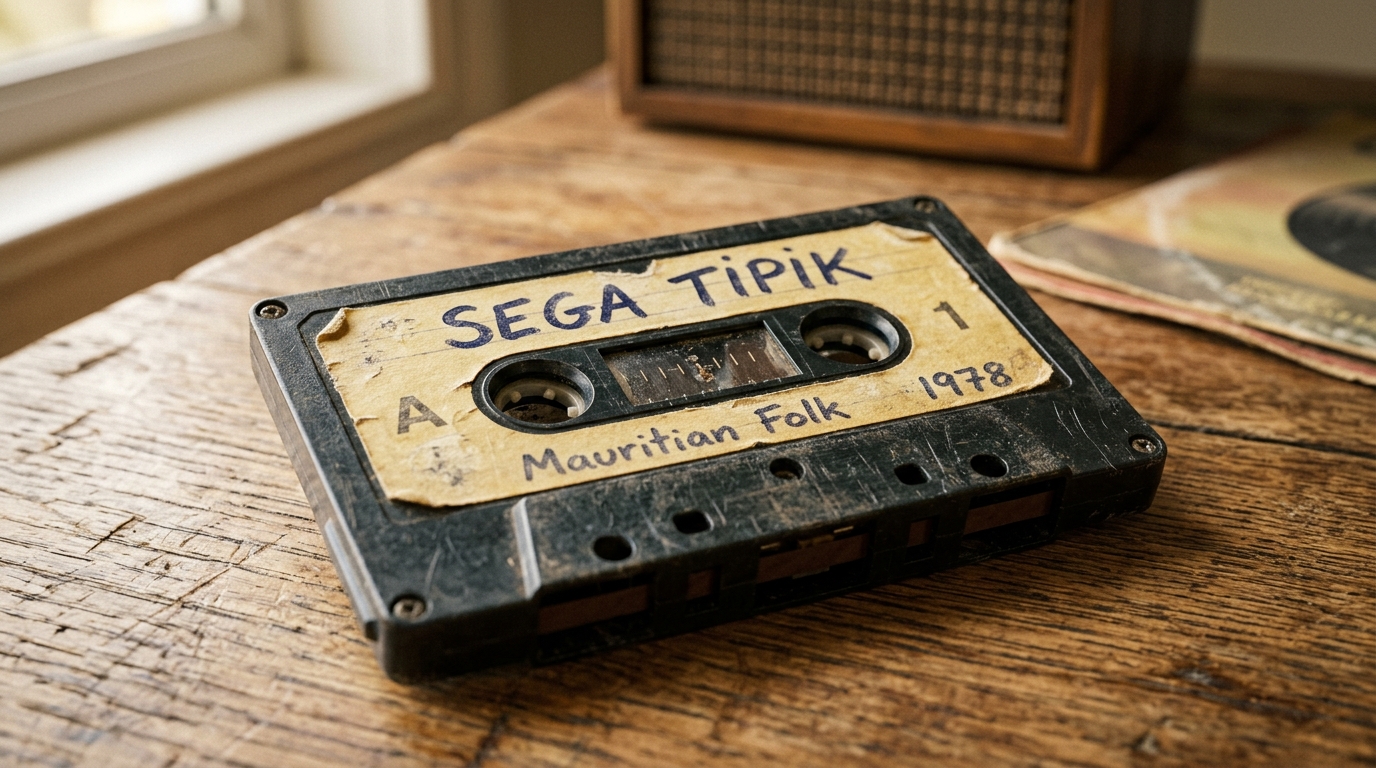 A close-up macro shot of a weathered, vintage audio cassette tape resting on a wooden table labeled Sega Tipik